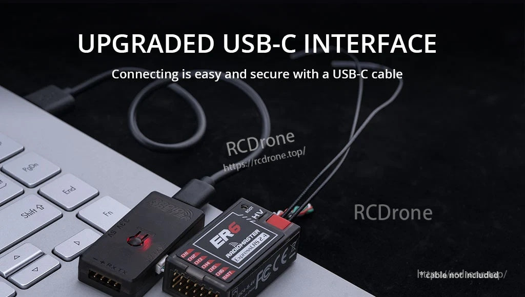 USB-C connection from laptop to RadioMaster ELRS USB UART Flasher V2 with ELRS receiver lead attached
