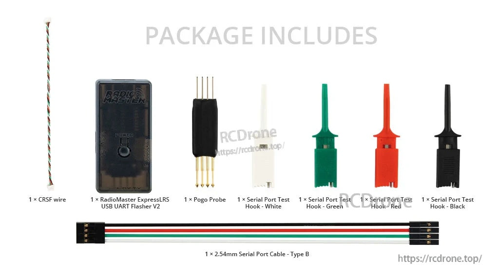 Package contents: ExpressLRS USB UART Flasher V2, CRSF wire, pogo probe, test hooks, and 2.54mm UART cable