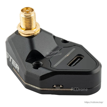 Close-up of GR-01 receiver base with USB-C port and gold antenna connector
