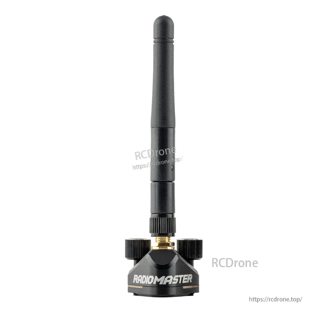 RadioMaster GR-01 ExpressLRS 2.4GHz receiver front view with upright antenna and mounting knobs
