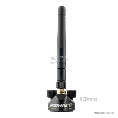 RadioMaster GR-01 ExpressLRS 2.4GHz receiver front view with upright antenna and mounting knobs