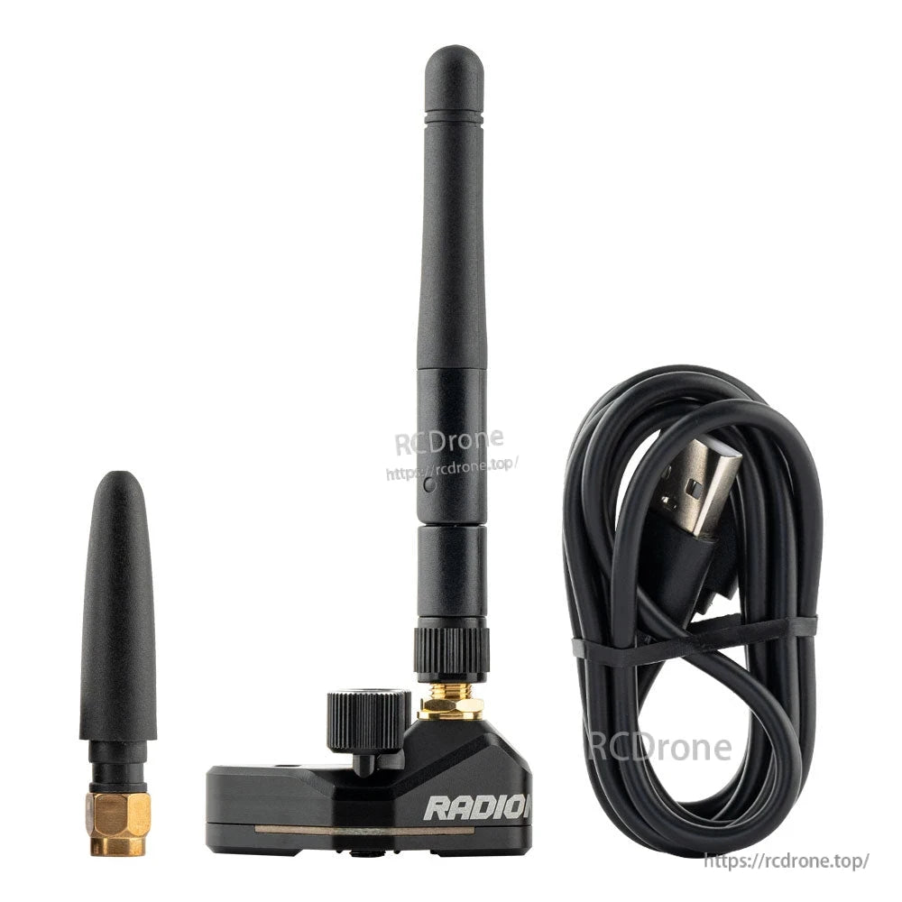 GR-01 receiver package contents with spare antenna and USB cable