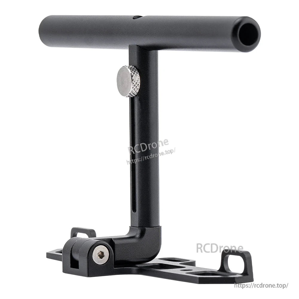 Angled side view of the stand showing hinge joint, mounting points, and thumb screw