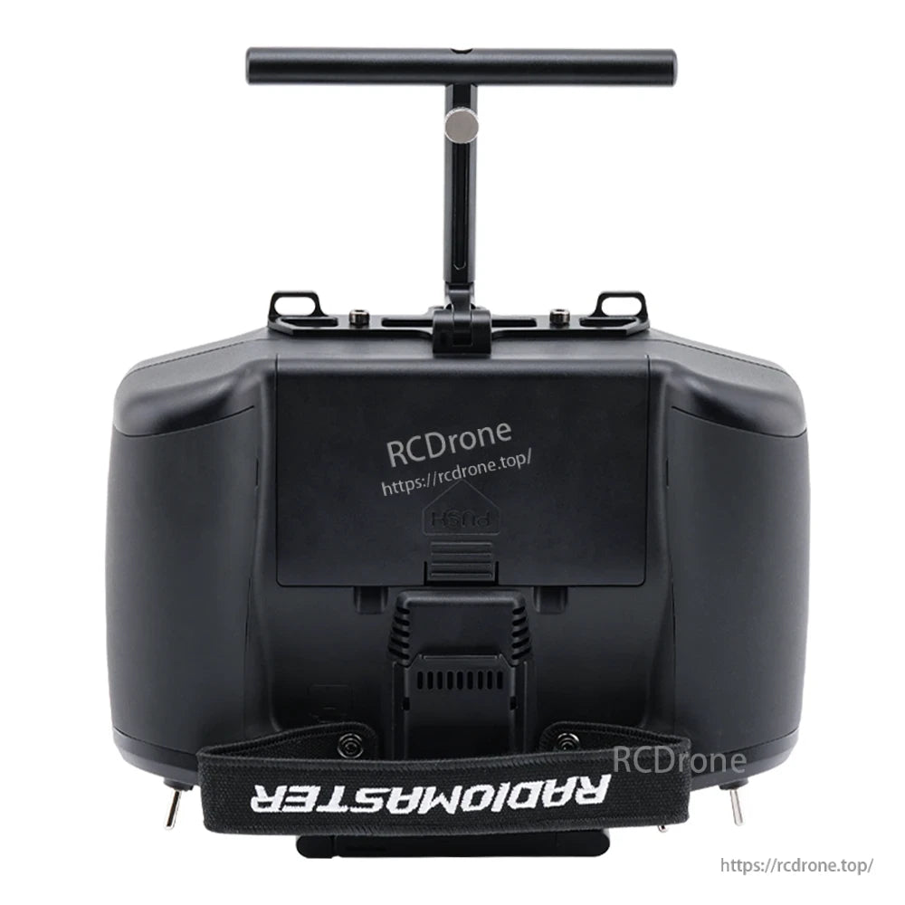 Rear view of GX12 radio controller with aluminum multi-stand handle installed above the back panel