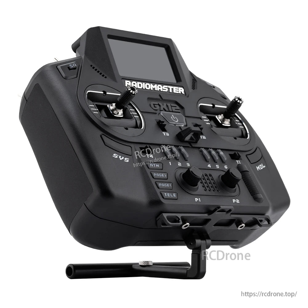 RadioMaster GX12 Aluminum Radio Multi-Stand installed on GX12 controller, angled front view showing handle and bracket