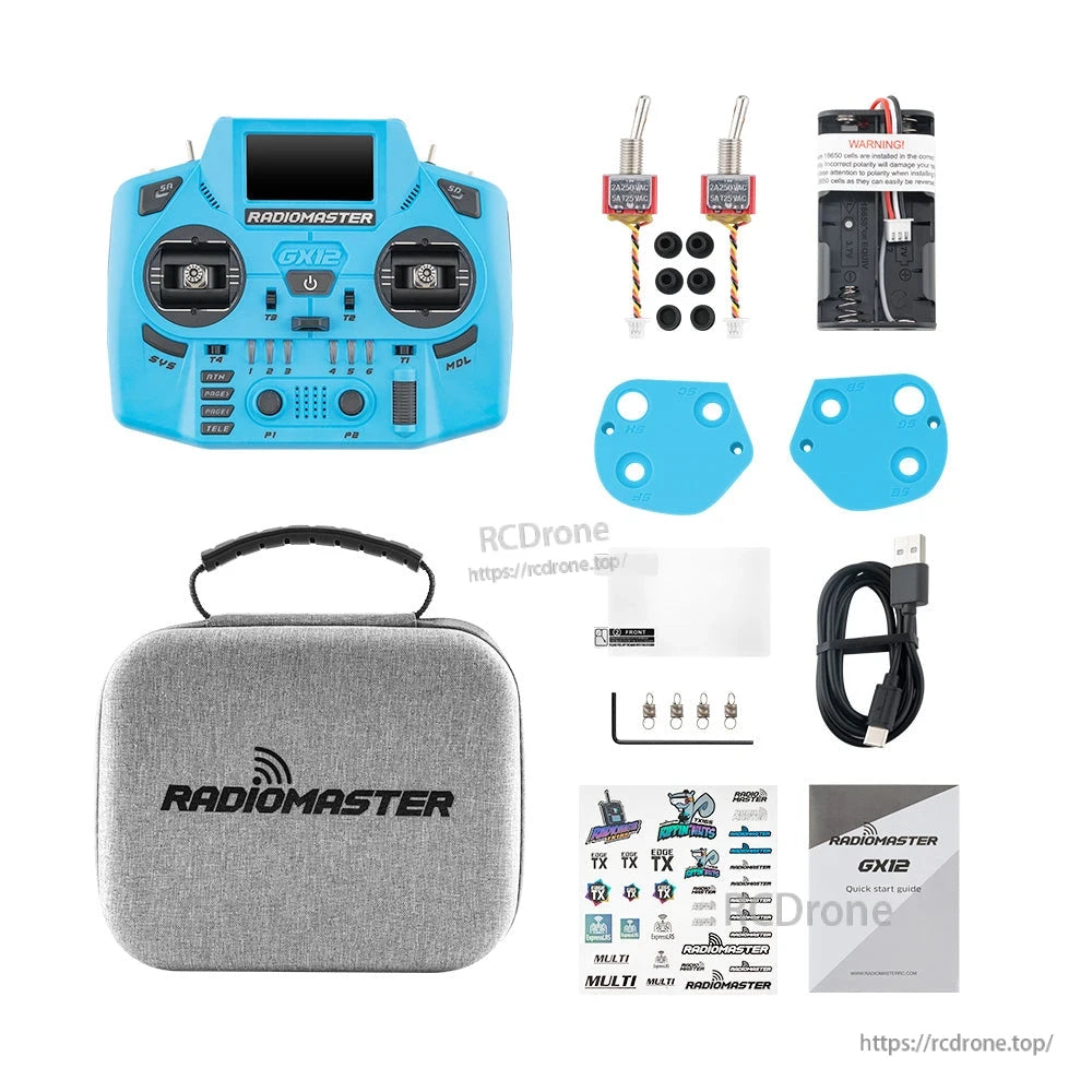 RadioMaster GX12 Crush ELRS dual-band radio controller kit with carry case, USB cable, manuals and accessories