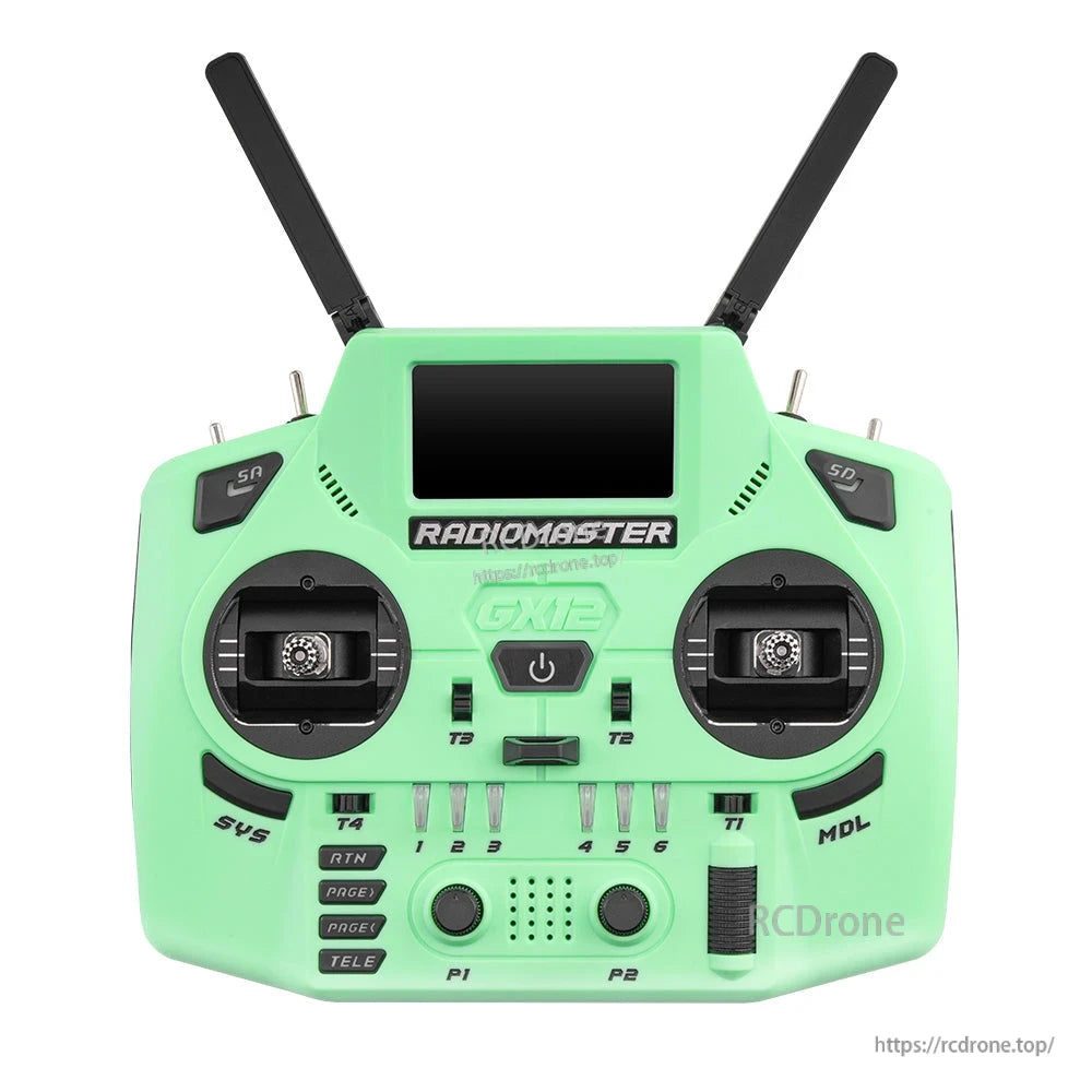 RadioMaster GX12 radio controller front view in green with dual antennas and full control layout