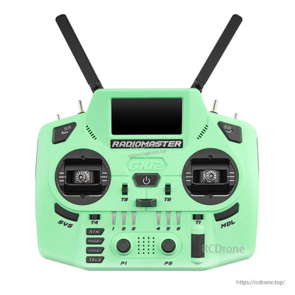 RadioMaster GX12 radio controller front view in green with dual antennas and full control layout