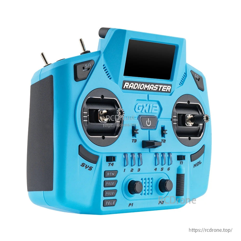 Angled front-right view of GX12 transmitter showing antenna mounts, shoulder switches and grips