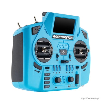 Angled front-right view of GX12 transmitter showing antenna mounts, shoulder switches and grips