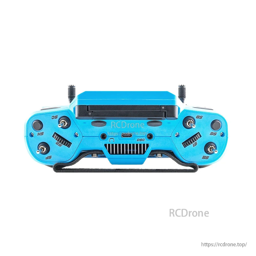 GX12 transmitter underside view showing strap hook, base vents and DSC/USB port area
