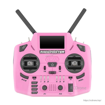 RadioMaster GX12 radio controller front view in pink, showing gimbals, switches and control buttons