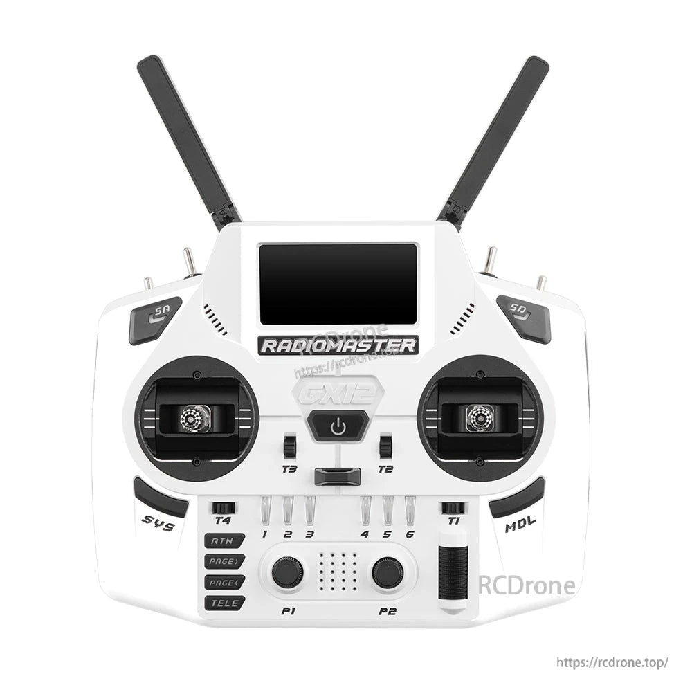 RadioMaster GX12 radio controller front view in white, showing screen, gimbals, switches and buttons