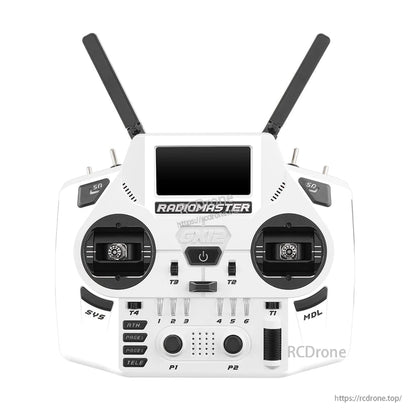 RadioMaster GX12 radio controller front view in white, showing screen, gimbals, switches and buttons