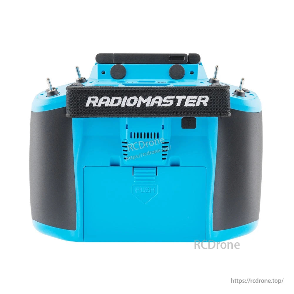 Rear view of GX12 transmitter with Radiomaster neck strap, rear vents and battery compartment door