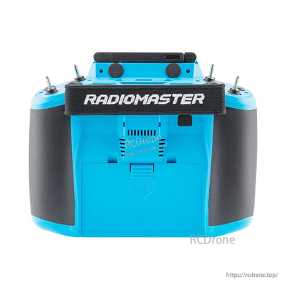 Rear view of GX12 transmitter with Radiomaster neck strap, rear vents and battery compartment door