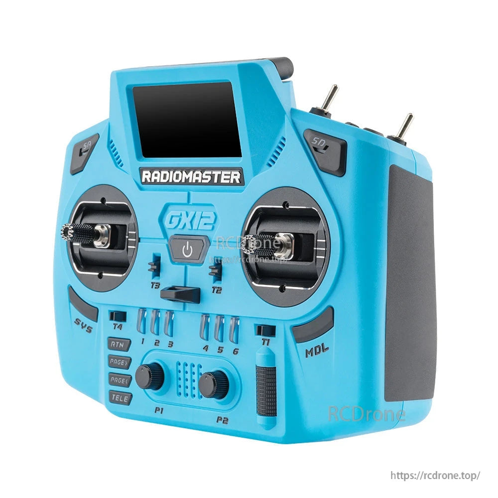 RadioMaster GX12 Crush ELRS radio controller angled front-left view showing side grip and sticks