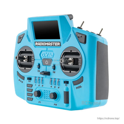 RadioMaster GX12 Crush ELRS radio controller angled front-left view showing side grip and sticks