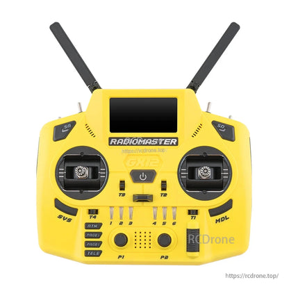 RadioMaster GX12 radio controller front view in yellow with screen, gimbals and dual antennas