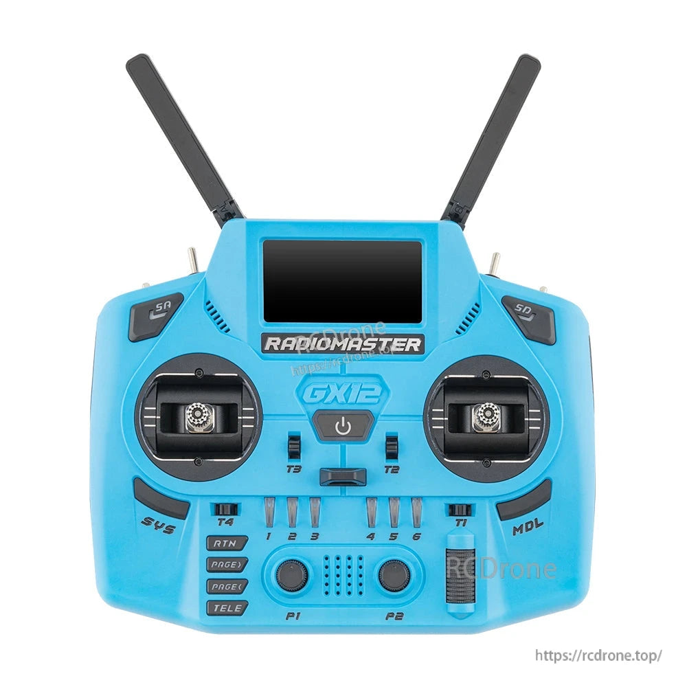 RadioMaster GX12 Crush ELRS dual-band 2.4GHz/900MHz radio controller, blue front view with antennas