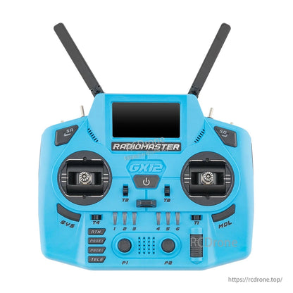 RadioMaster GX12 Crush ELRS dual-band 2.4GHz/900MHz radio controller, blue front view with antennas