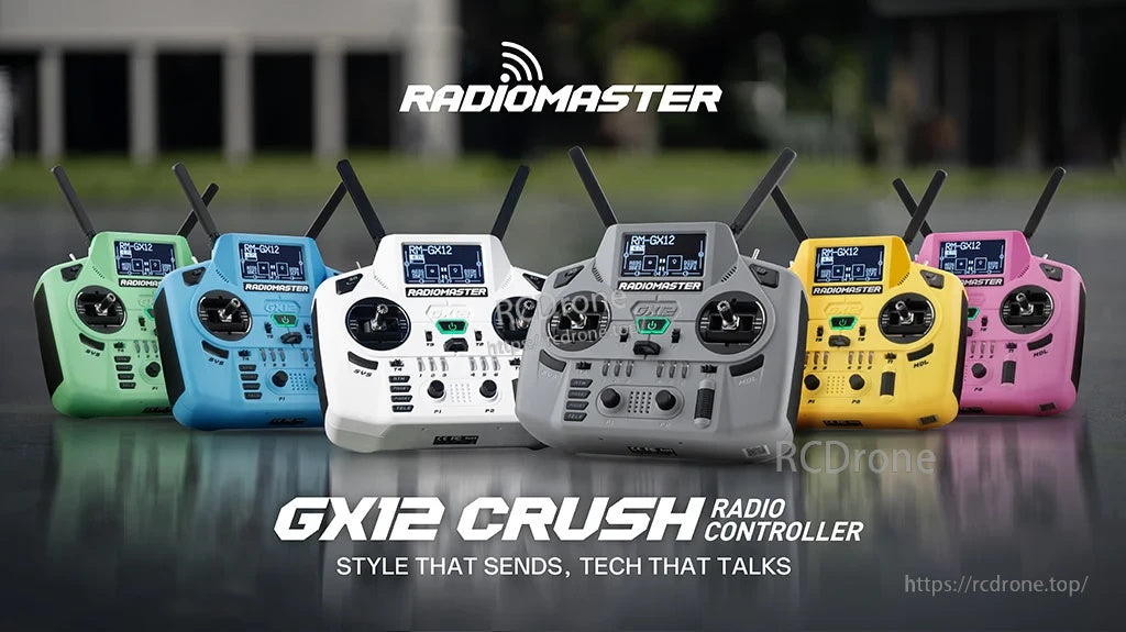 RadioMaster GX12 Crush ELRS dual-band radio controller lineup in six colors with folding antennas