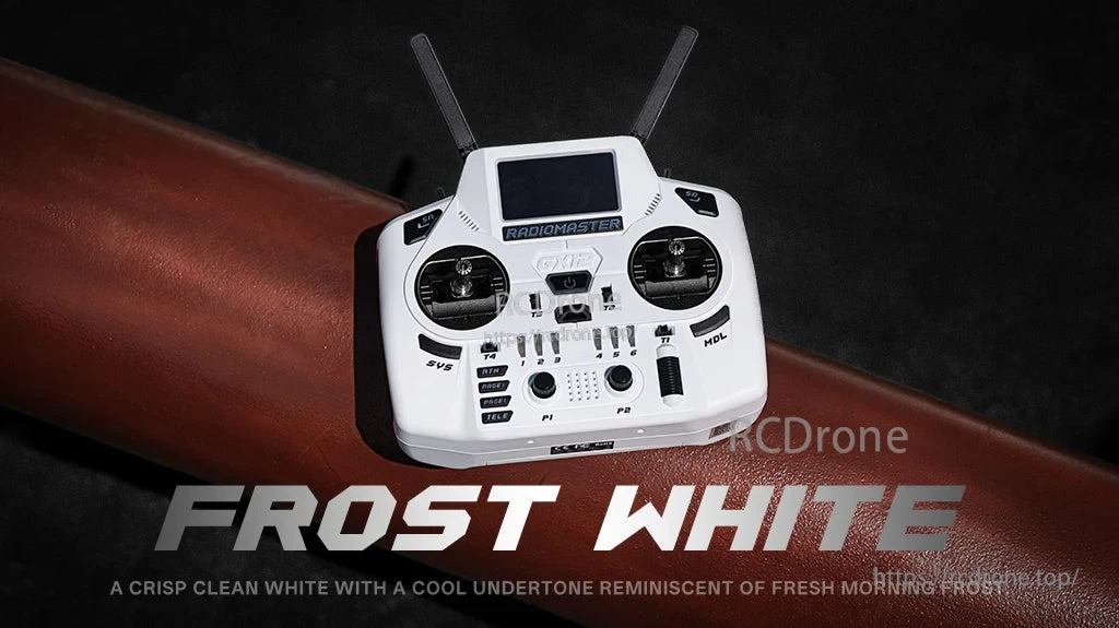 RadioMaster GX12 Crush radio controller in Frost White, front view with gimbals, switches, and OLED screen