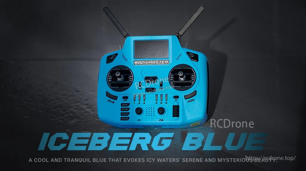 RadioMaster GX12 Crush in Iceberg Blue highlighting front controls, gimbals, and dual folding antennas