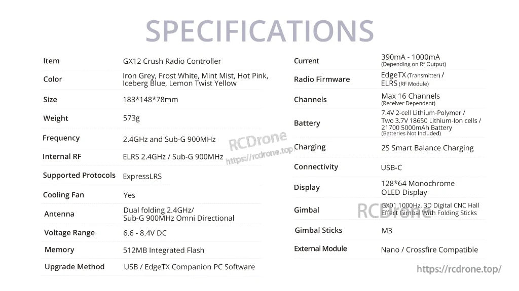 RadioMaster GX12 Crush specifications table including frequency bands, firmware, gimbal type, and battery options