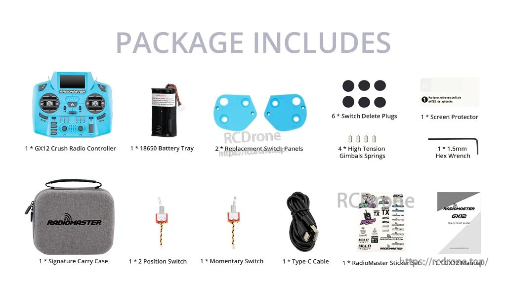 RadioMaster GX12 Crush package contents list with radio, carry case, USB-C cable, switches, and accessories