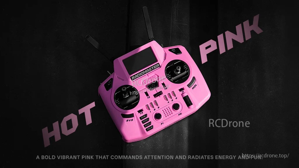 RadioMaster GX12 Crush in Hot Pink with front panel switches, gimbals, and folding antenna design