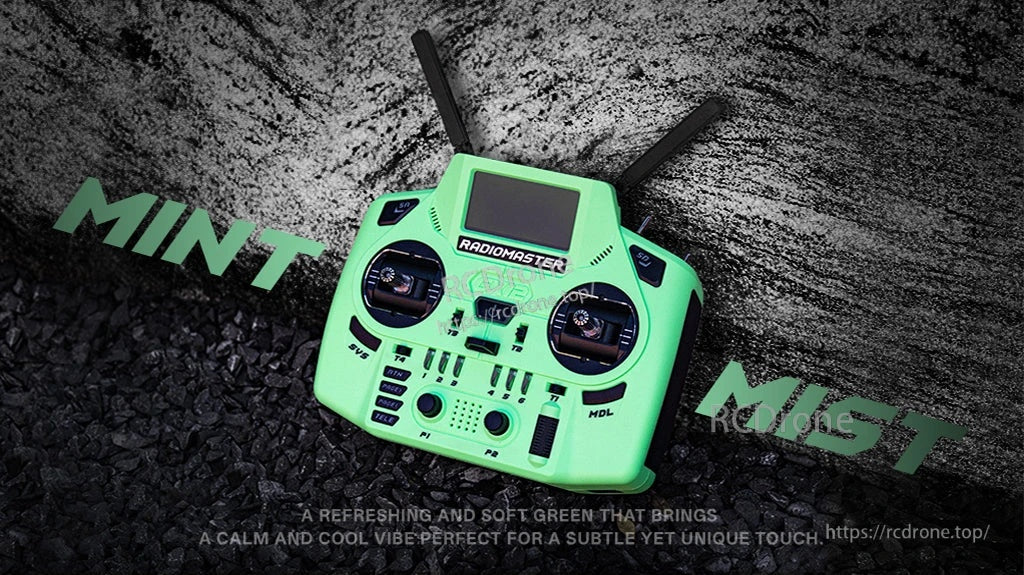 RadioMaster GX12 Crush in Mint Mist green with gimbals, trim buttons, and folding antenna arms