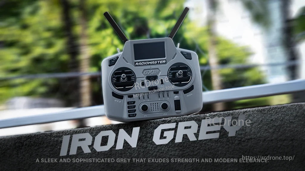 RadioMaster GX12 Crush transmitter in Iron Grey with folding dual-band antennas and compact field layout