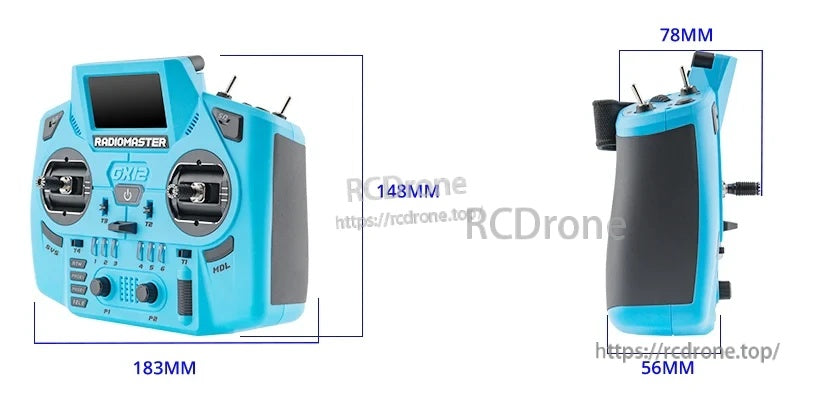 RadioMaster GX12 Crush size diagram with measurements for width, height, and grip depth