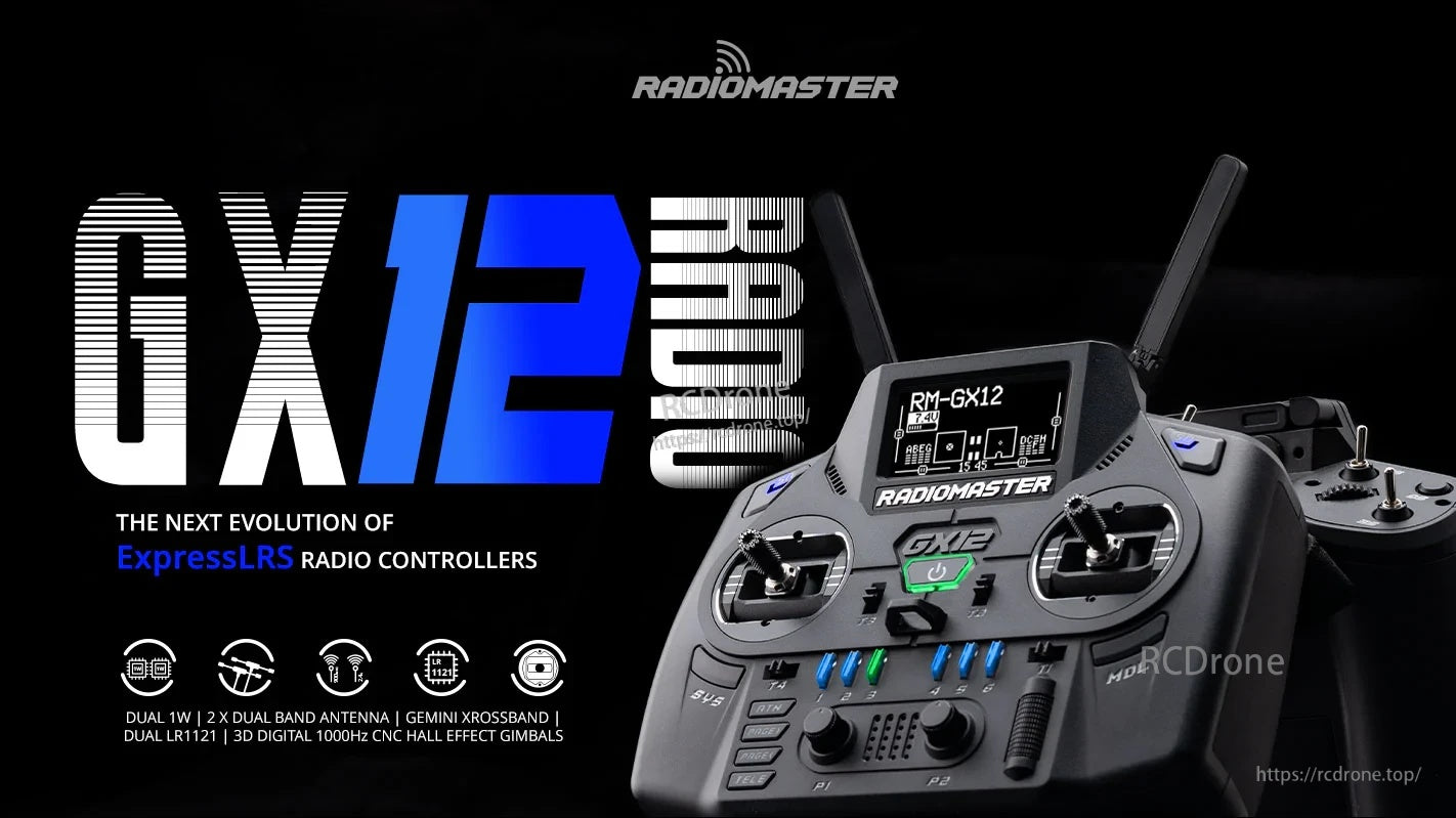 RadioMaster GX12 Gemini‑X dual‑band ExpressLRS radio controller (M2) with OLED screen and folding antennas