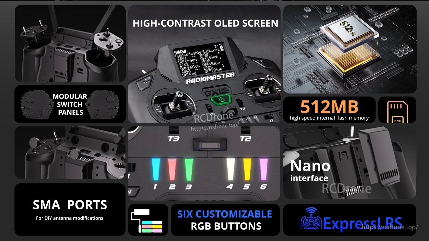 RadioMaster GX12 feature grid showing OLED display, 512MB internal flash, SMA ports, Nano module bay, and RGB buttons