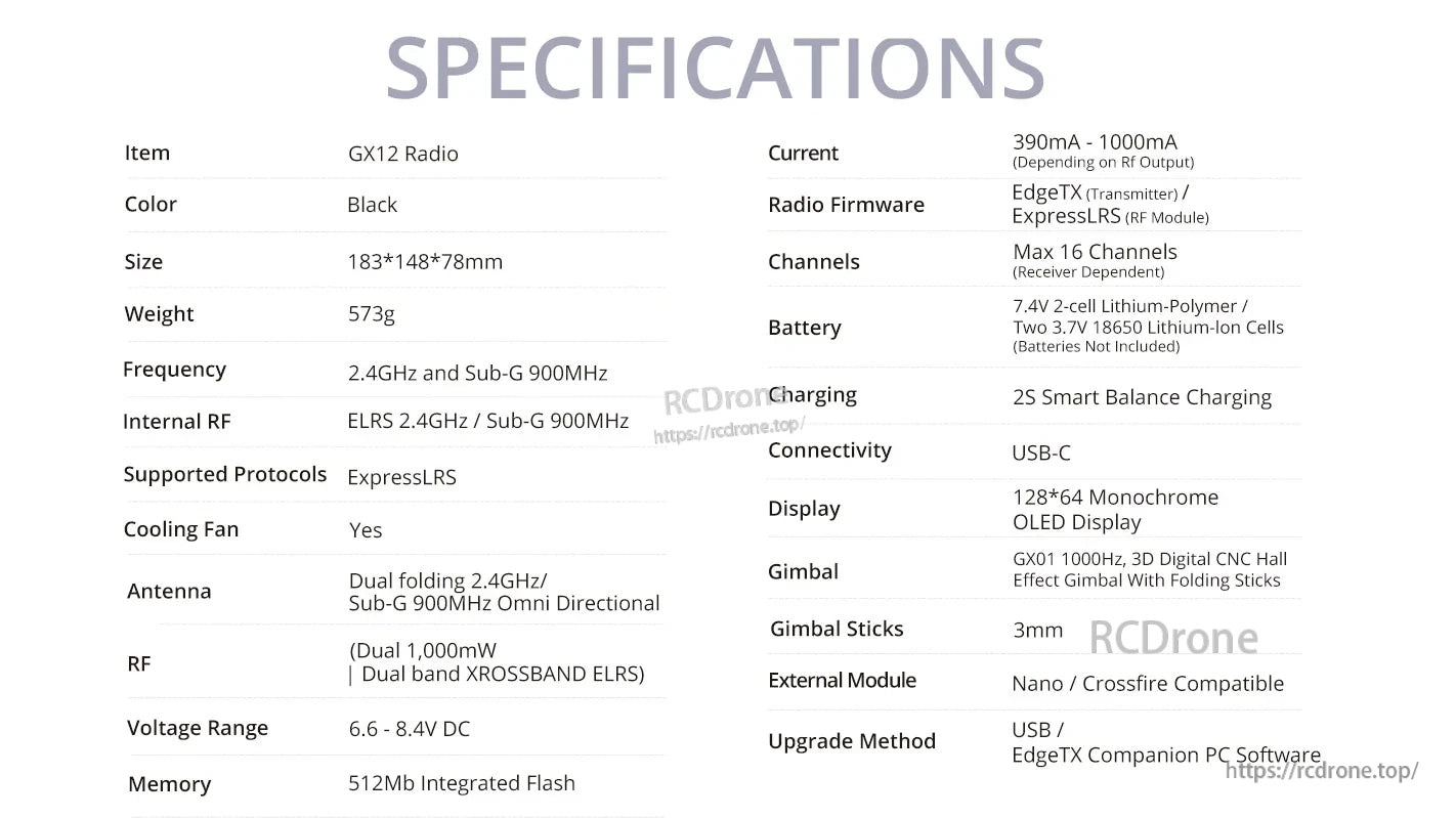 RadioMaster GX12 specifications table listing size, weight, frequency bands, RF power, display, gimbals, and connectivity