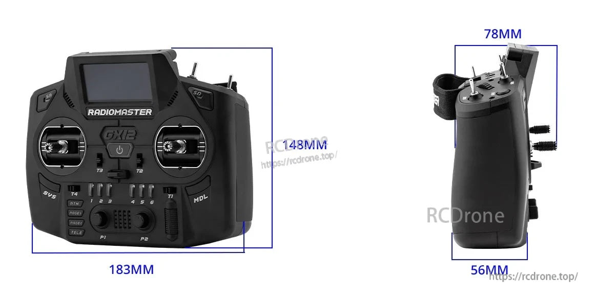 RadioMaster GX12 transmitter dimension callouts showing overall size and side profile measurements in millimeters