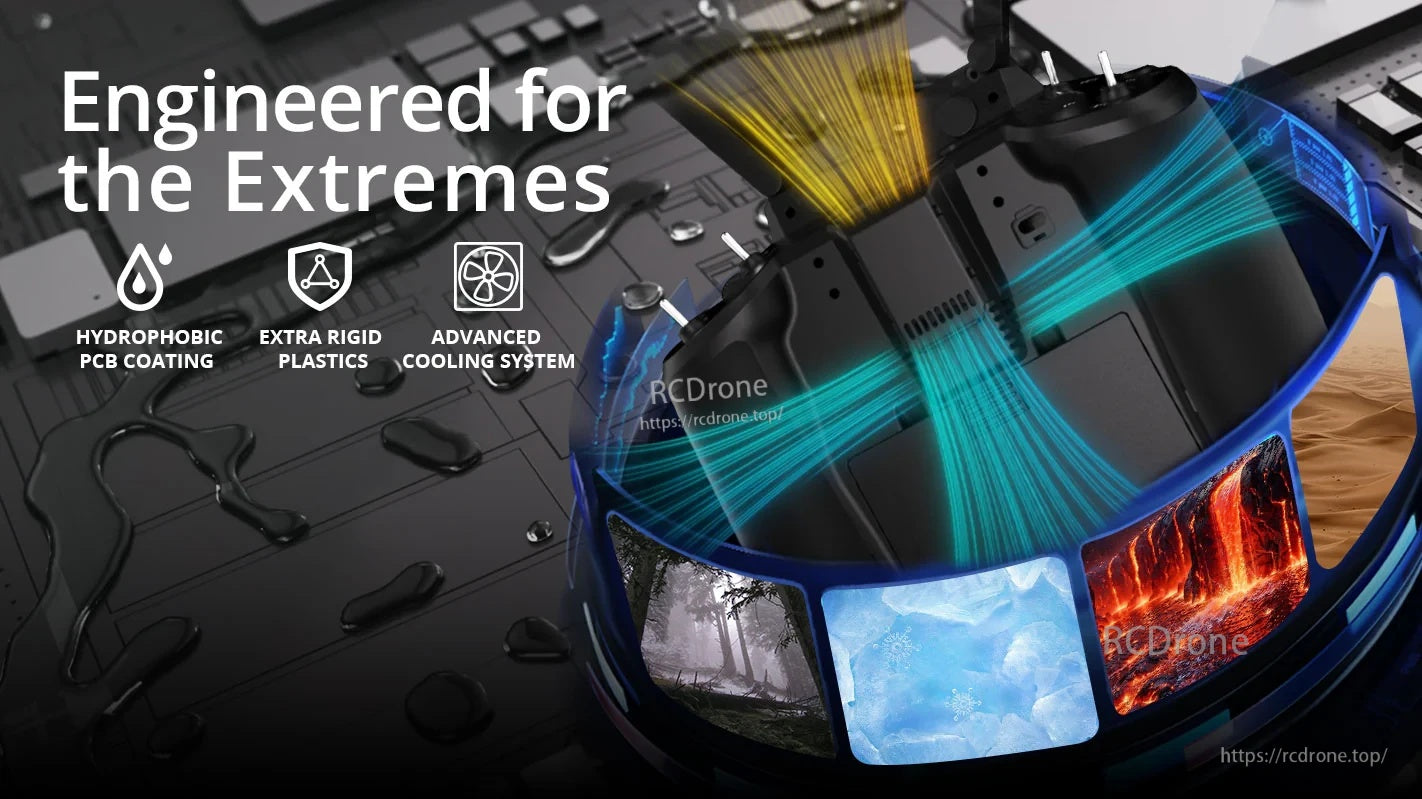 RadioMaster GX12 durability and cooling design highlighting hydrophobic PCB coating, rigid plastics, and cooling airflow
