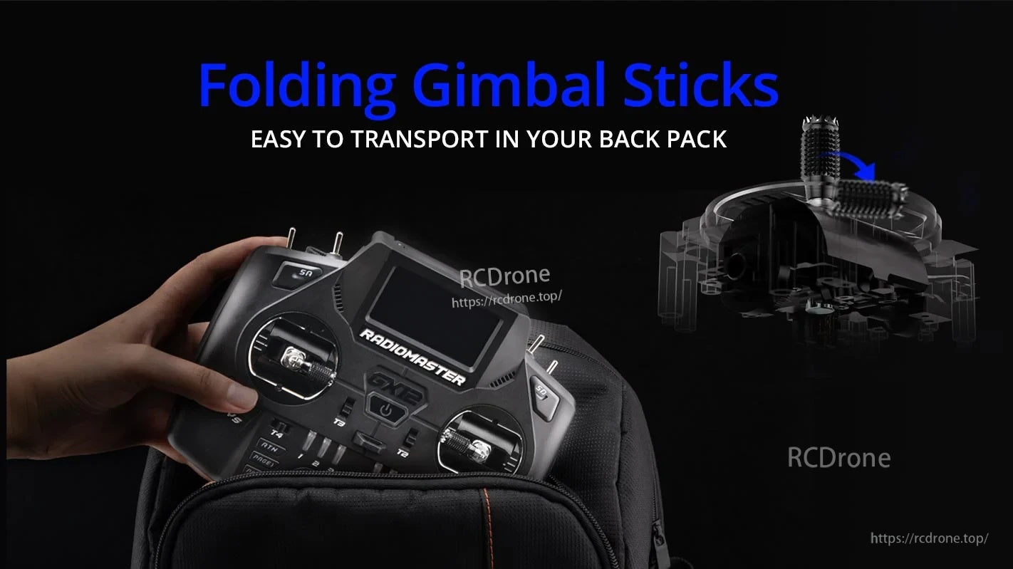 RadioMaster GX12 with folding gimbal sticks for compact transport and storage