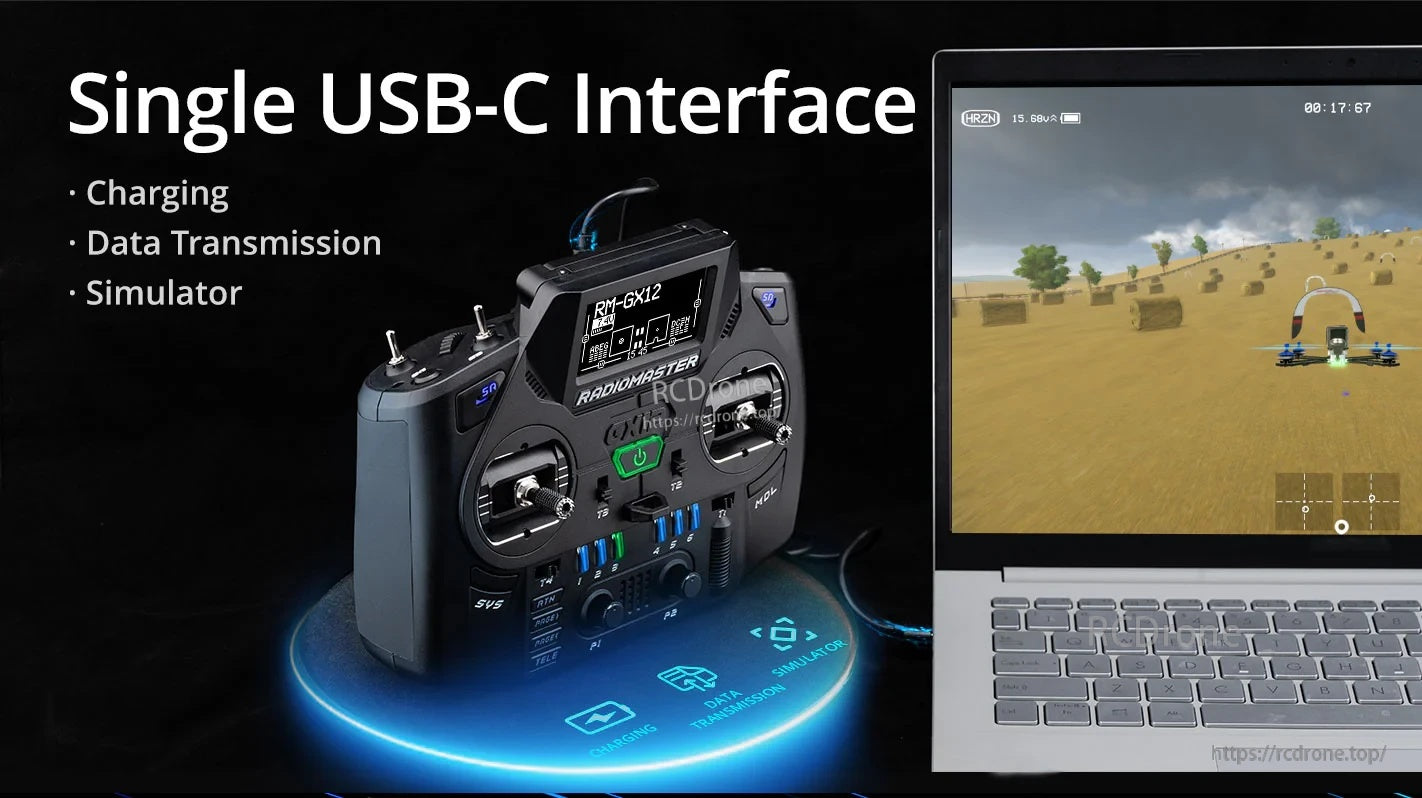 RadioMaster GX12 USB‑C interface for charging, simulator connectivity, data transfer, and firmware updates