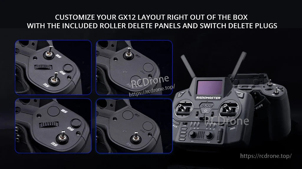 RadioMaster GX12 modular switch panels with optional switch delete plugs for customizing the top switch layout