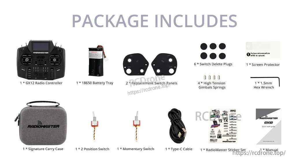 RadioMaster GX12 package contents including transmitter, carry case, battery tray, switches, USB‑C cable, and accessories