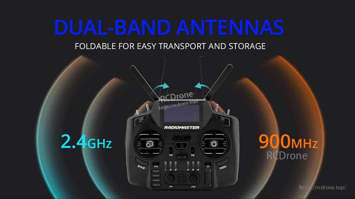 RadioMaster GX12 foldable dual‑band antennas for 2.4GHz and 900MHz ExpressLRS crossband control