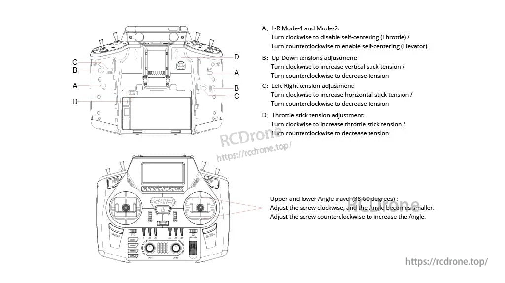RadioMaster GX12 gimbal adjustment guide with tension and stick-angle screw locations for Modes 1 and 2