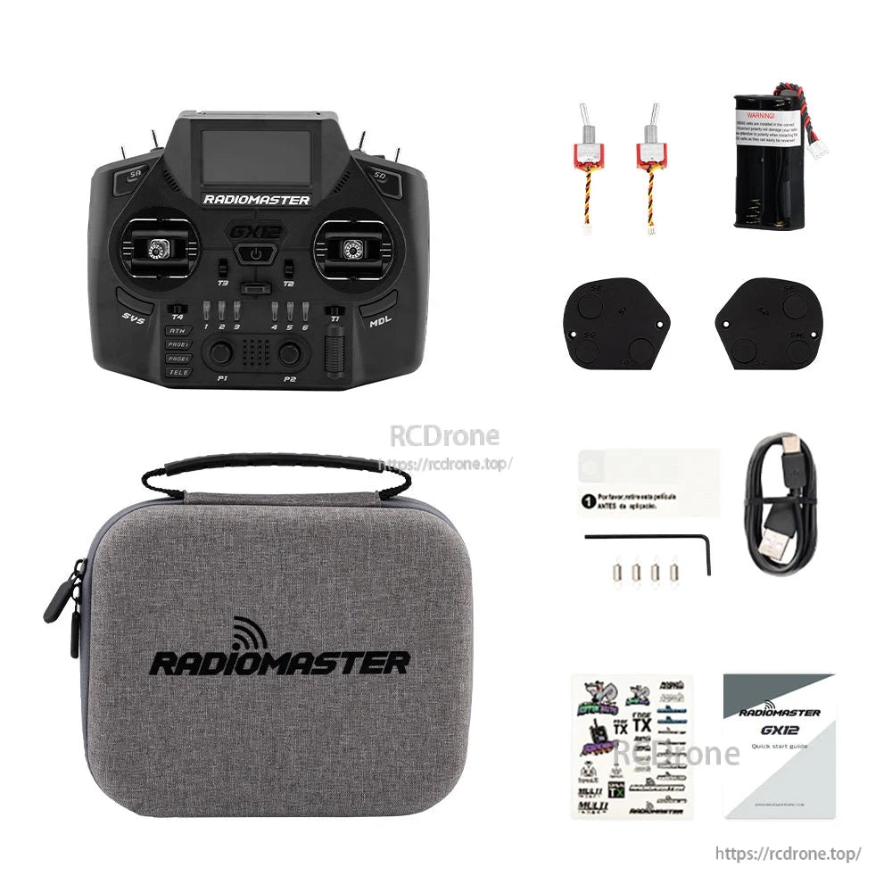 RadioMaster GX12 package contents: transmitter, carry case, battery, strap, cable, screws, tools, manuals