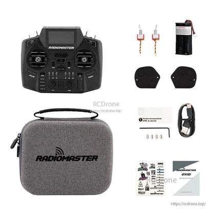 RadioMaster GX12 package contents: transmitter, carry case, battery, strap, cable, screws, tools, manuals