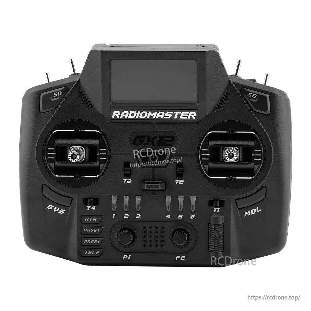 GX12 radio controller straight-on front view highlighting LCD screen, gimbals, and front switches