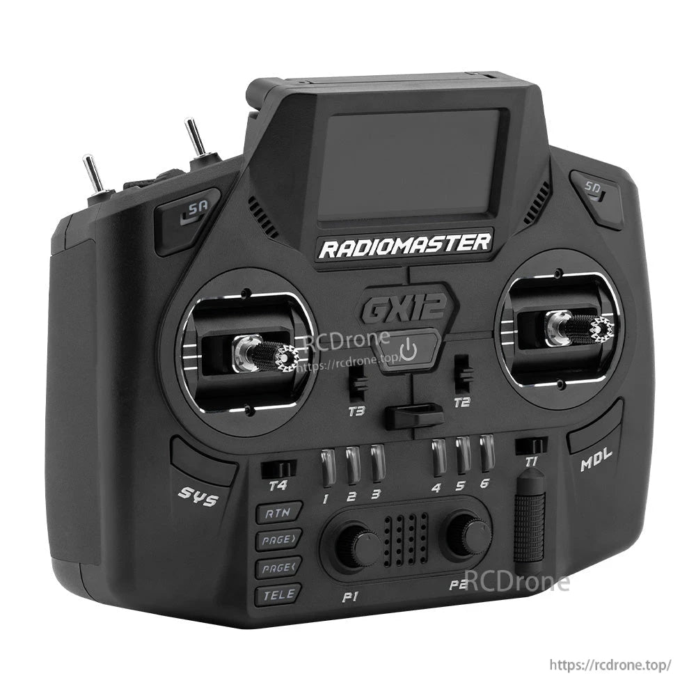RadioMaster GX12 Gemini-X ExpressLRS radio controller 3/4 front-right view with buttons and trim levers