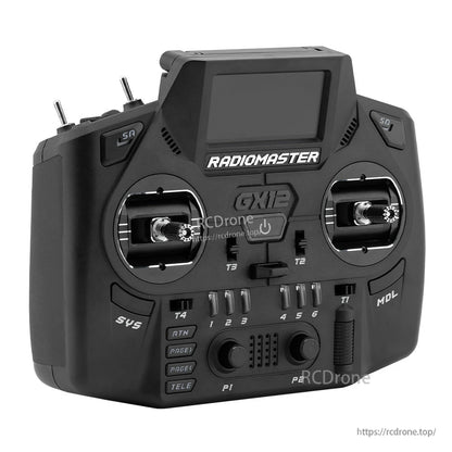 RadioMaster GX12 Gemini-X ExpressLRS radio controller 3/4 front-right view with buttons and trim levers